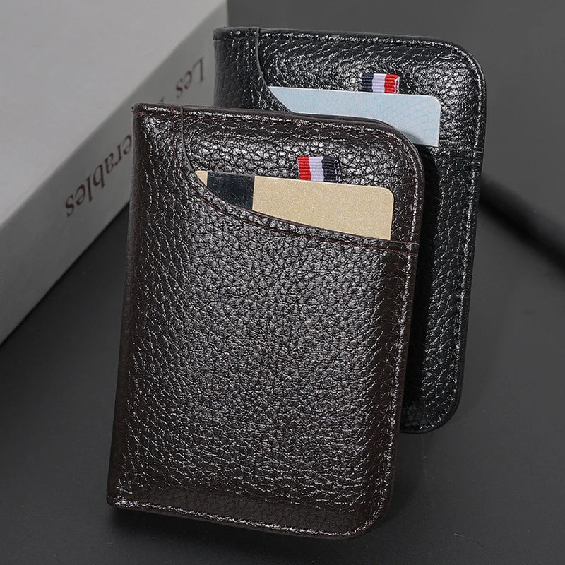A dark brown slim PU leather credit card wallet with a flap, showing a glimpse of an identification card.