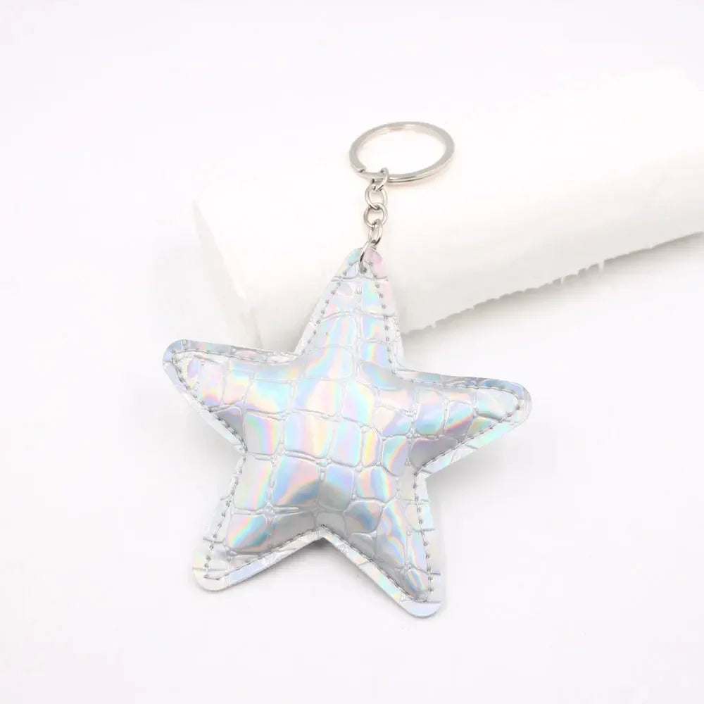 Silver iridescent star-shaped leather key chain bag pendant