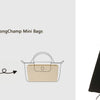 A felt bag organizer insert shown next to a mini bag, with a woman wearing a black skirt and holding the organized bag.