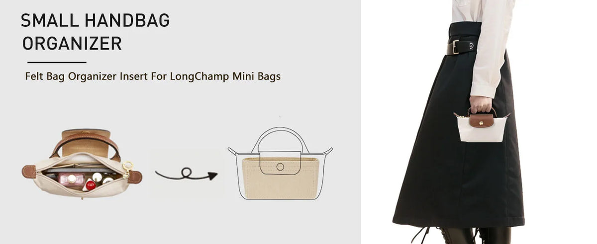 A felt bag organizer insert shown next to a mini bag, with a woman wearing a black skirt and holding the organized bag.