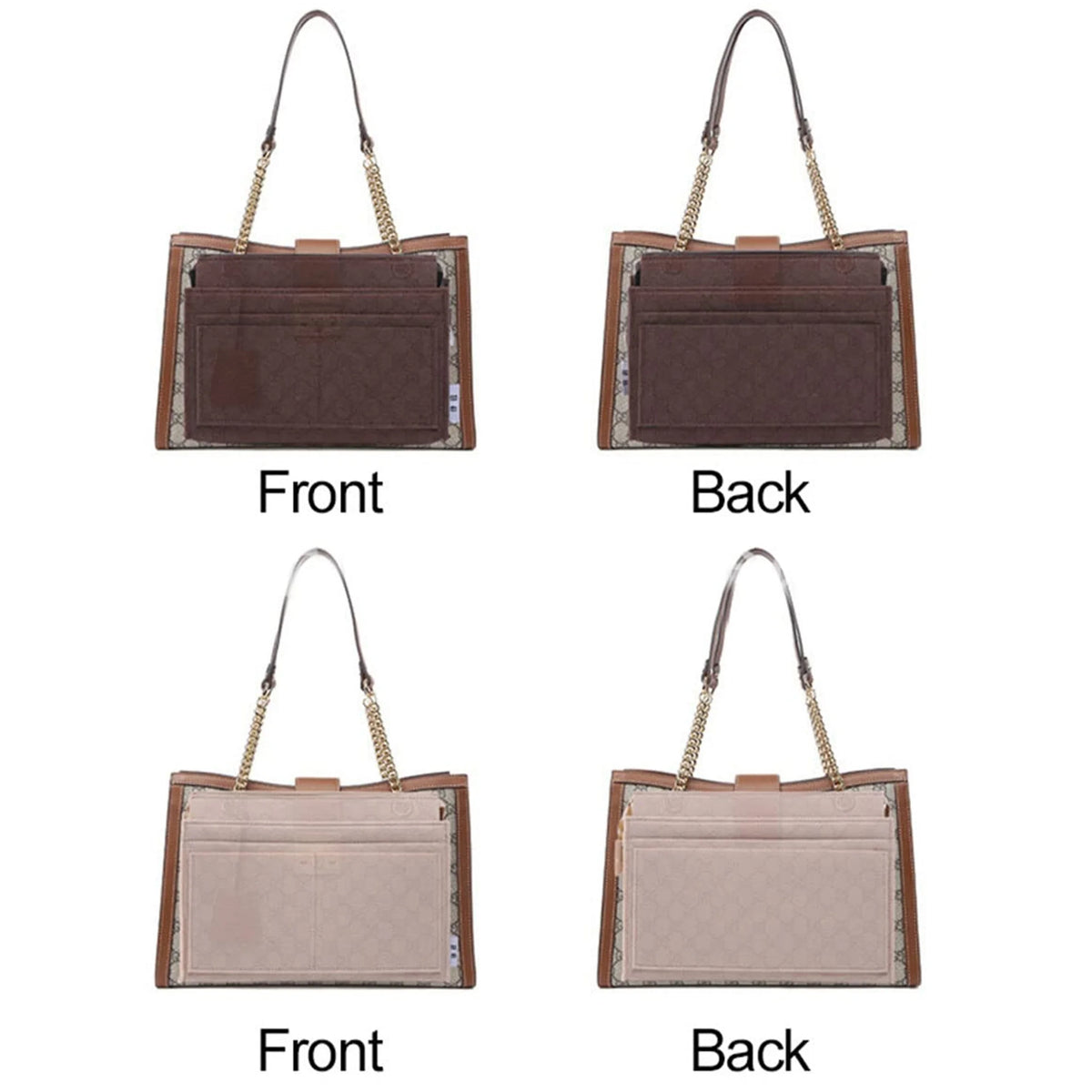 Front and back views of a multi-pocket felt purse organizer in brown and pink tones.