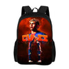 A black backpack featuring a graphic of a soccer player in a fiery background.