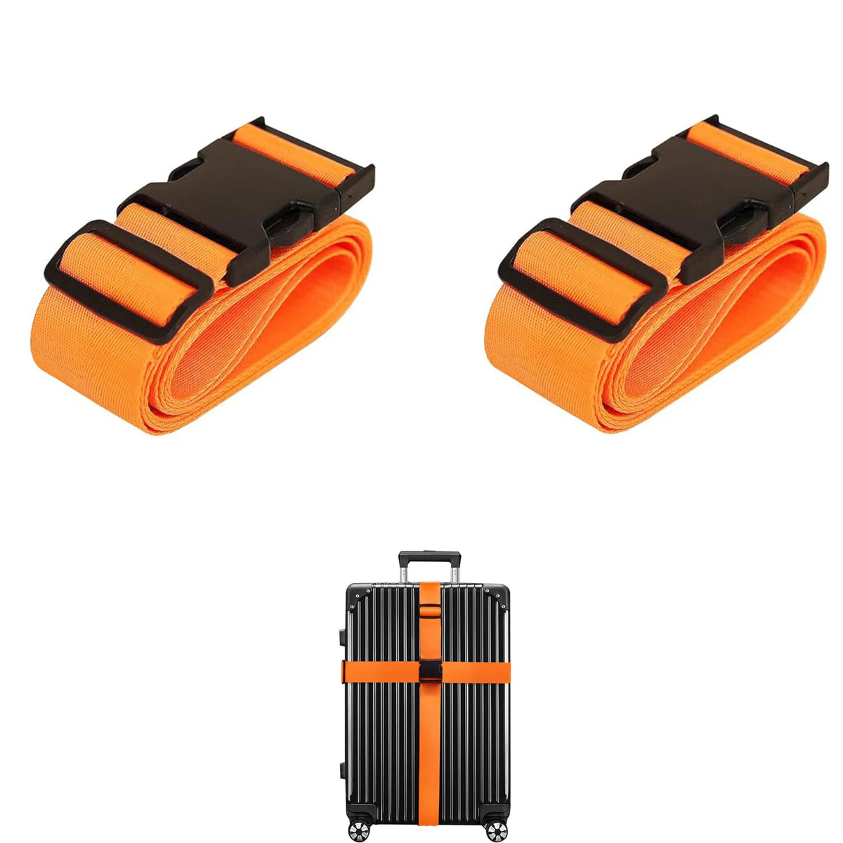 Two orange luggage identification straps with black buckles and a portable battery pack.