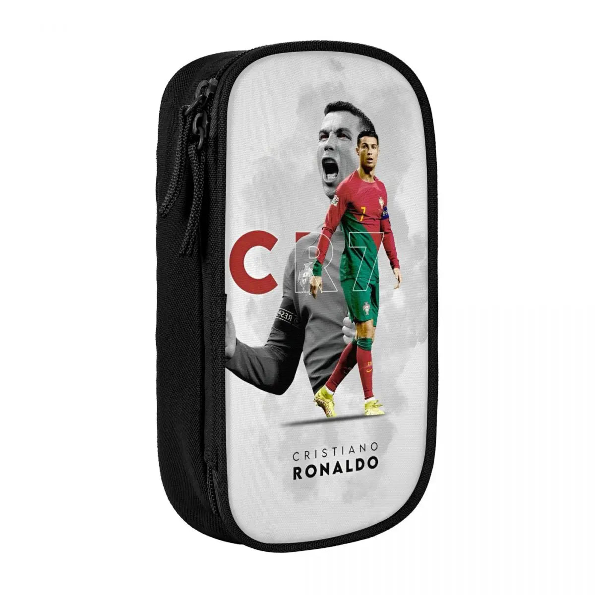 A black pencil case featuring a graphic of Cristiano Ronaldo.