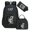 Black sports laptop backpack featuring Cristiano Ronaldo graphics and a separate rain cover.
