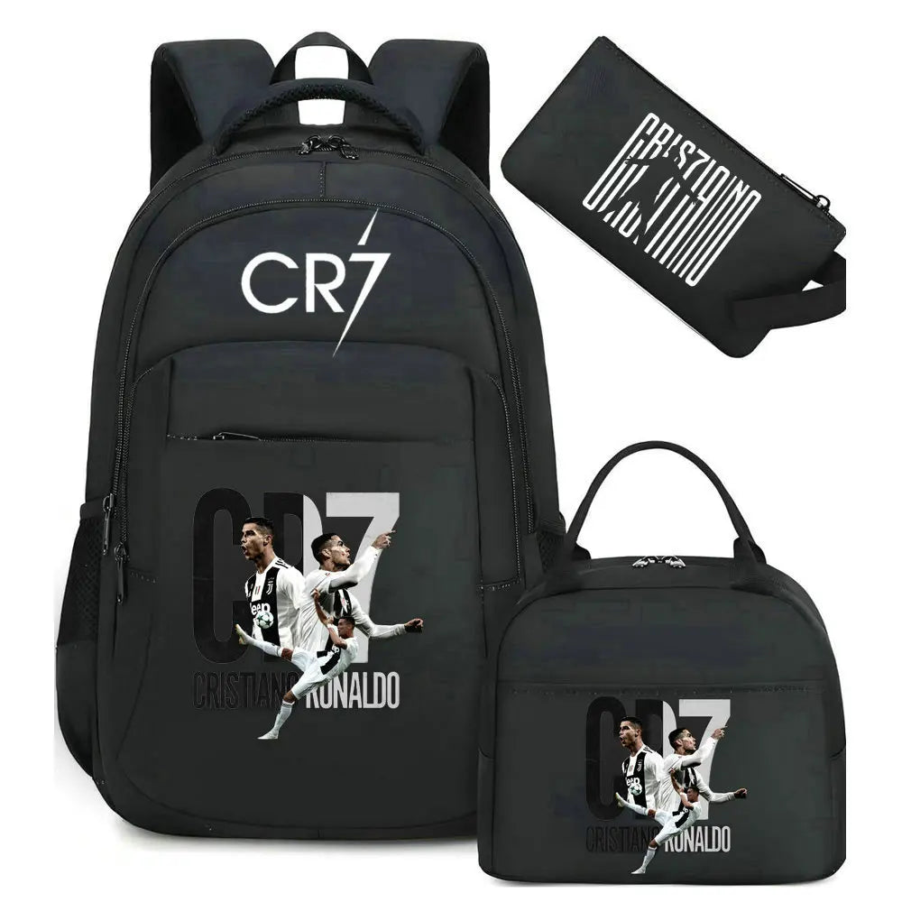 Black sports laptop backpack featuring Cristiano Ronaldo graphics and a separate rain cover.