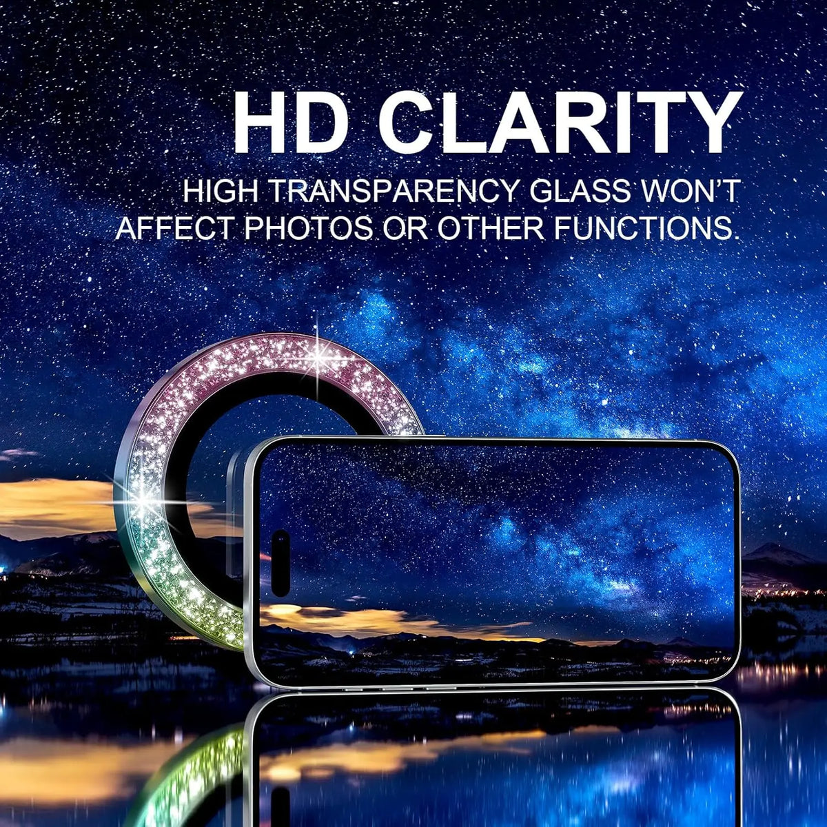 A close-up of a glitter diamond camera lens protector with a metal frame placed on a smartphone against a starry night backgr