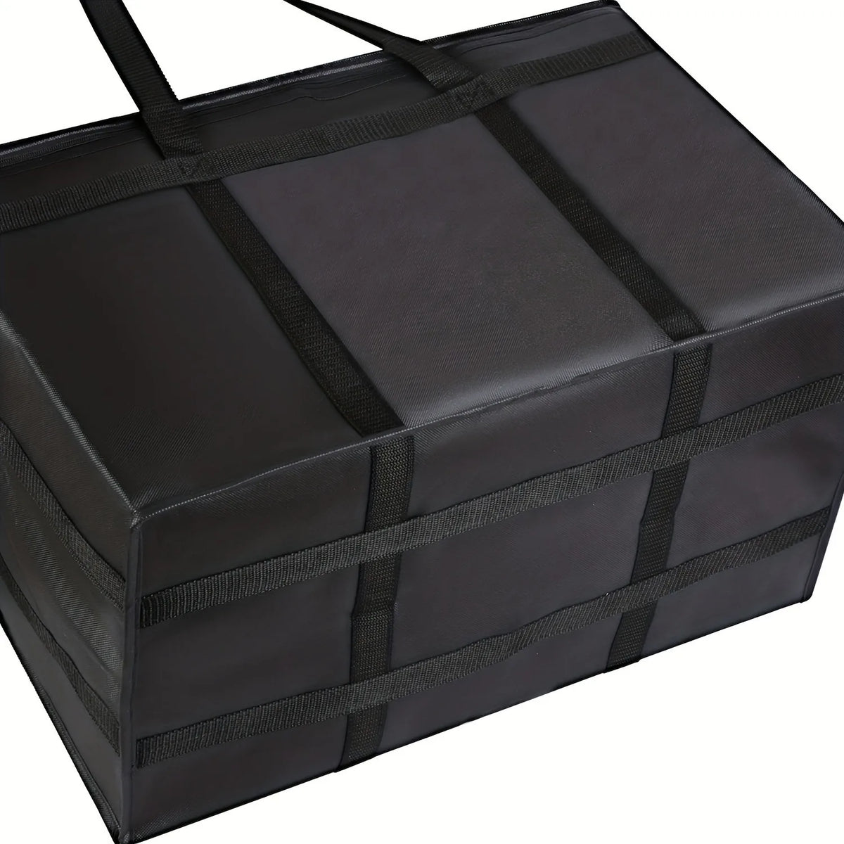 A black reusable insulated warming bag set with straps and segmented compartments.