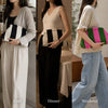 Three women models display striped knit clutch bags in café, dinner, and weekend contexts.