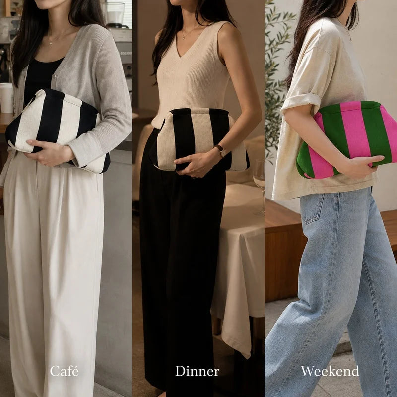 Three women models display striped knit clutch bags in café, dinner, and weekend contexts.