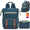 A navy blue insulated lunch and picnic backpack with gold accents, showing the main bag and an attached pouch.
