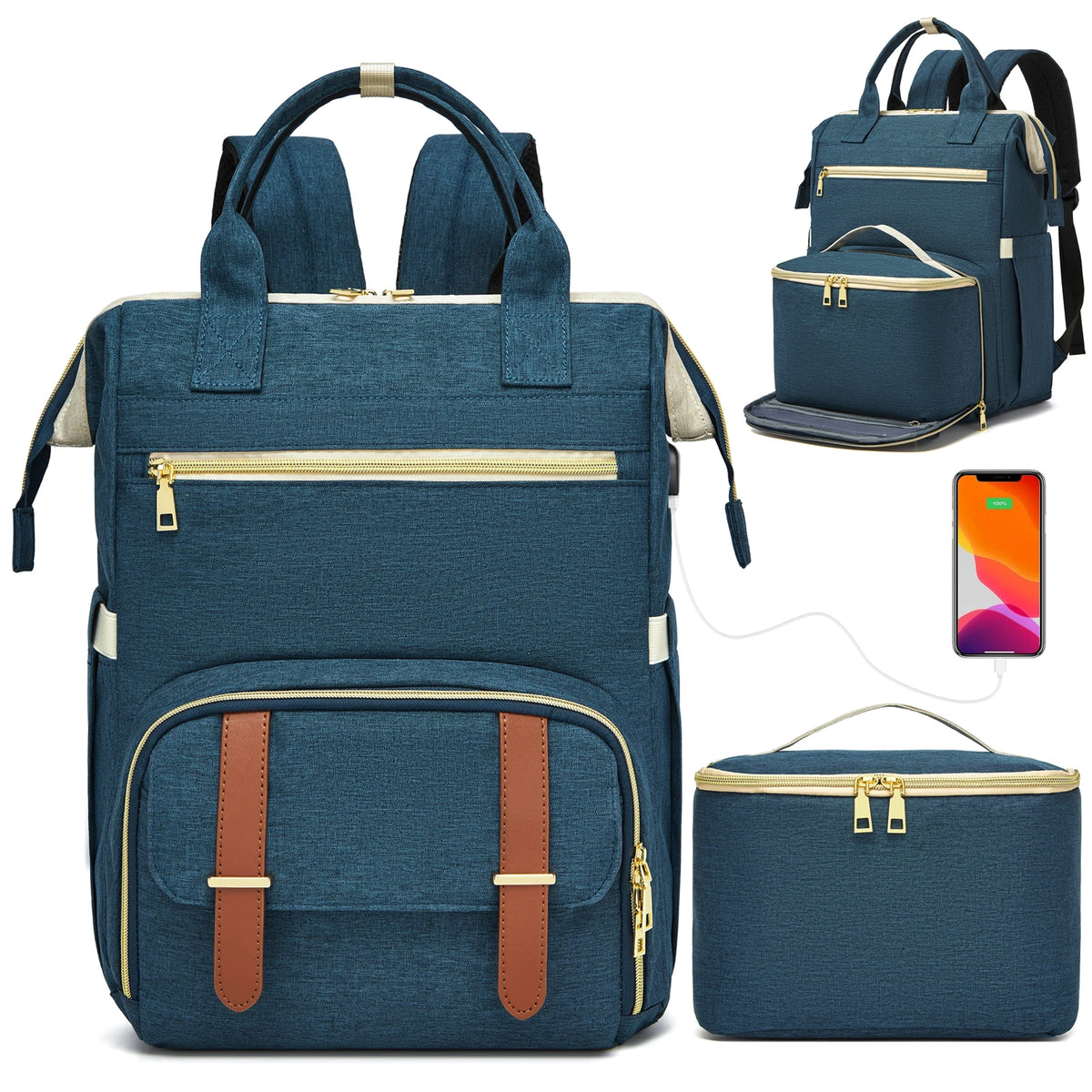 A navy blue insulated lunch and picnic backpack with gold accents, showing the main bag and an attached pouch.