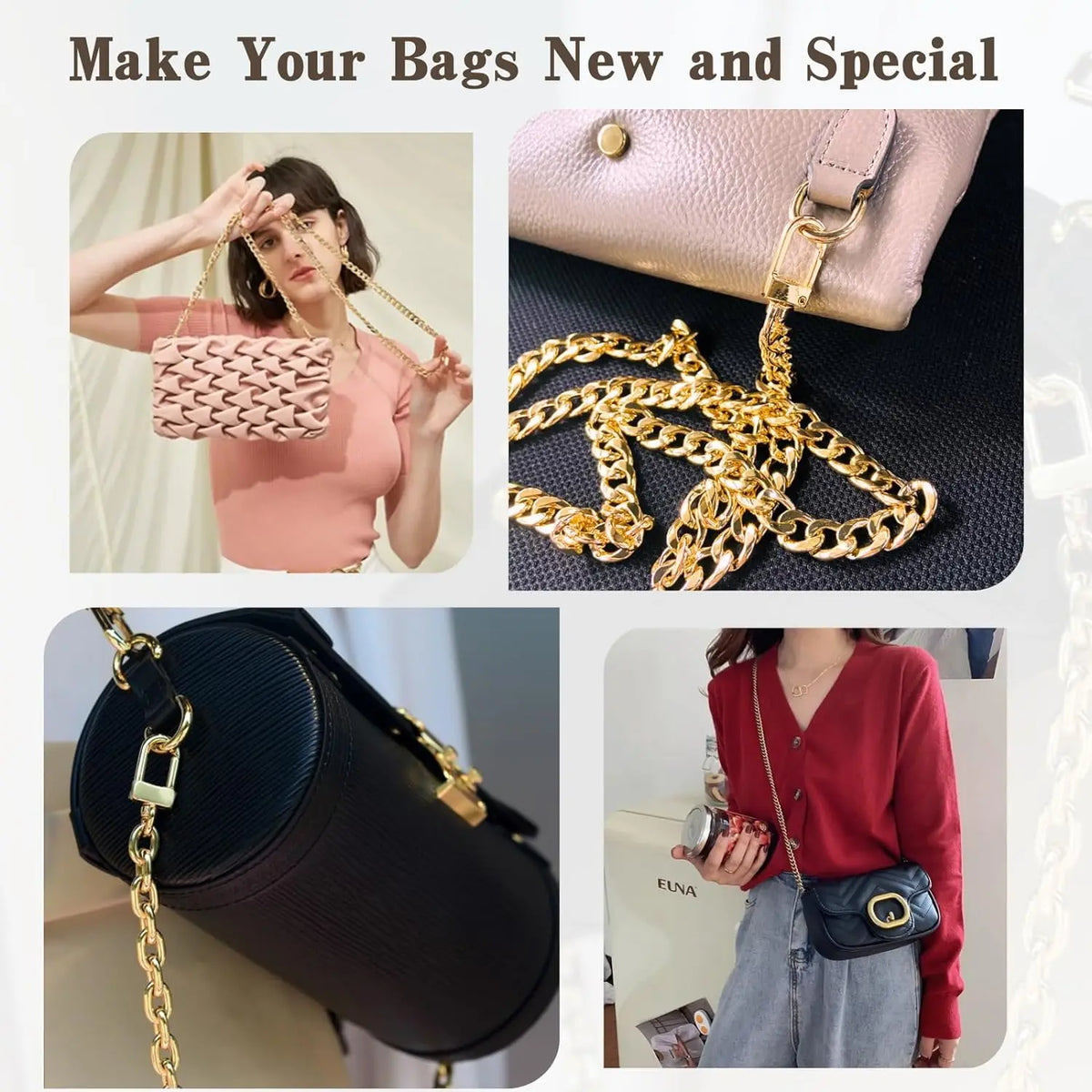 Close-up of a gold metal chain strap attached to a pink leather handbag and a black leather handbag.