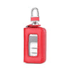 A red leather car key case with a transparent window and a silver padlock hook.