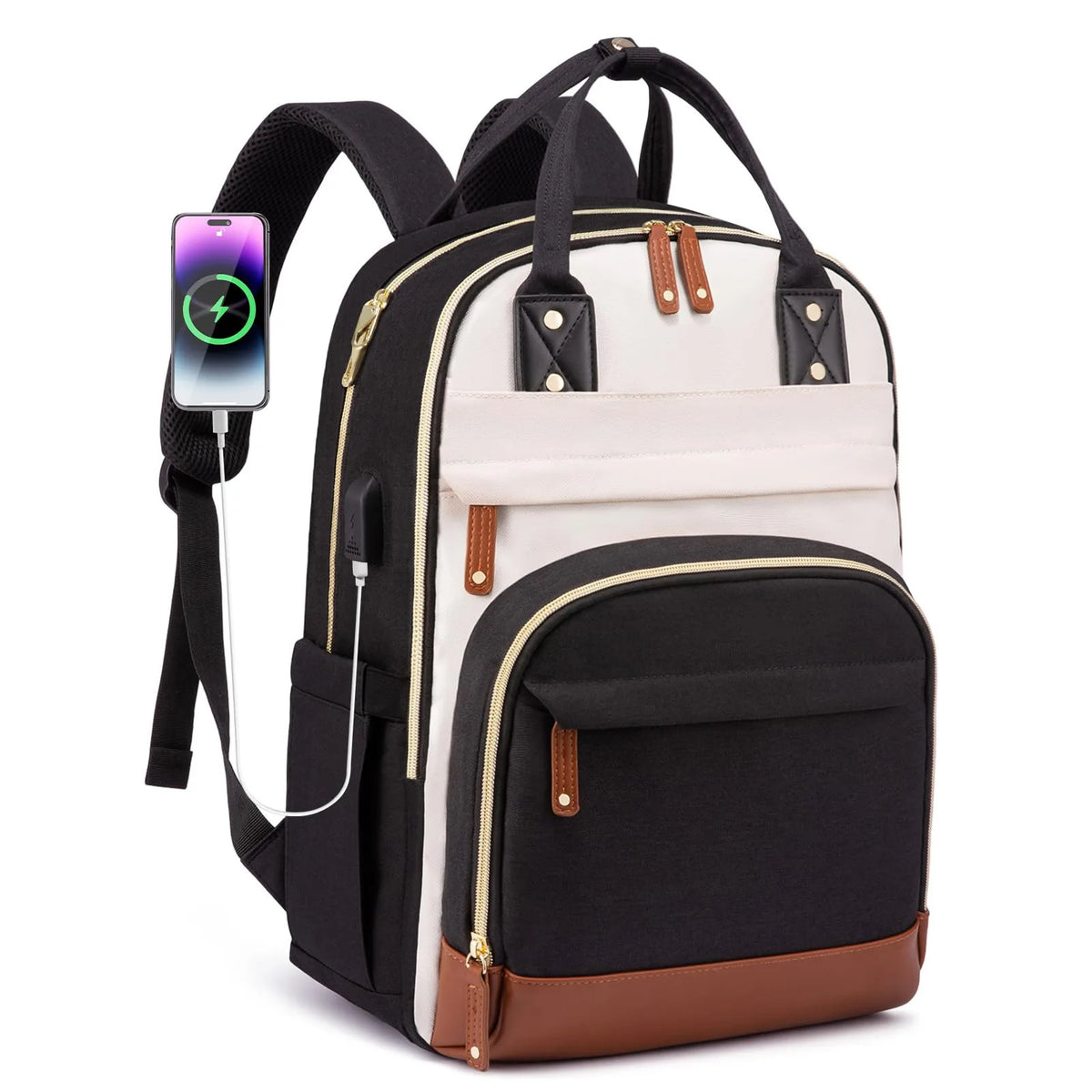 A black and white women's fashion laptop backpack with a purple smartphone attached.