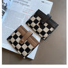 A black and beige checkered PU leather mini card wallet is shown open on a white paper background.
