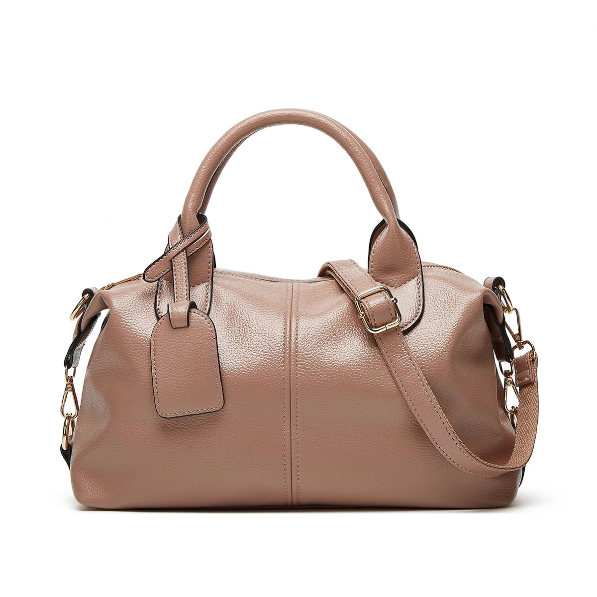 A tan faux leather Boston handbag with a top handle and gold hardware, shown from the front.