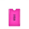 A bright pink anti-RFID blocking card holder is shown against a white background.