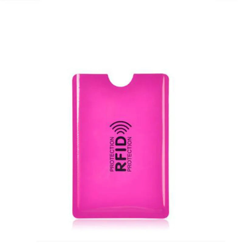 A bright pink anti-RFID blocking card holder is shown against a white background.
