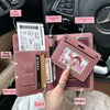 A pink passport wallet is shown open, displaying various cards and a boarding pass next to a car interior.