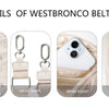 Details of a Westbronco belt bag showing waterproof nylon material, metal snaps, a zipper pocket, and compartments.
