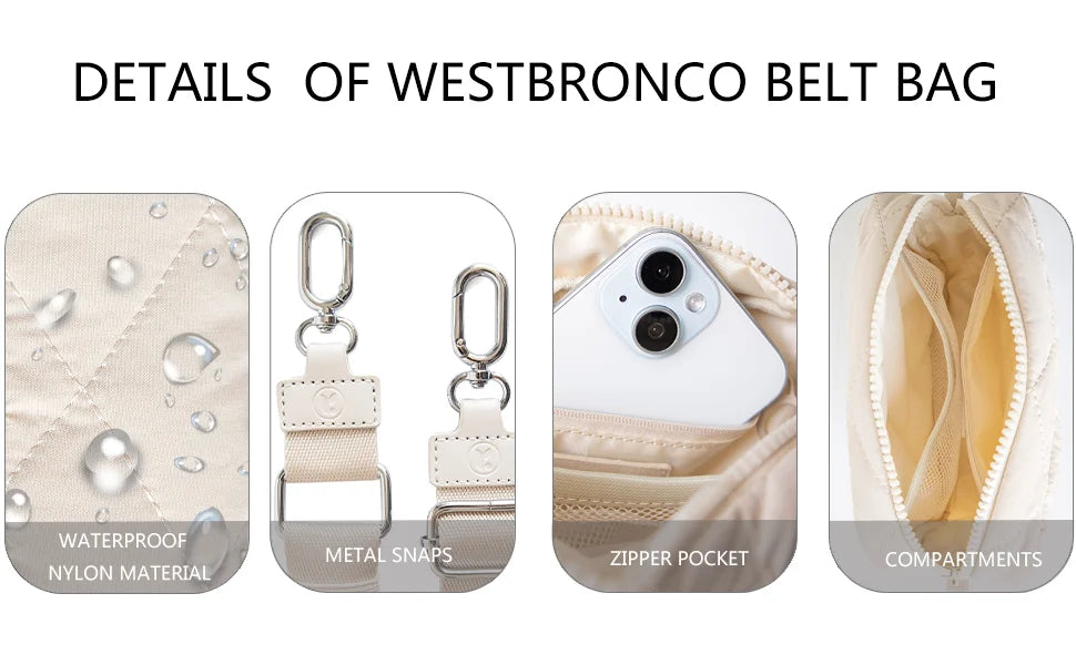 Details of a Westbronco belt bag showing waterproof nylon material, metal snaps, a zipper pocket, and compartments.