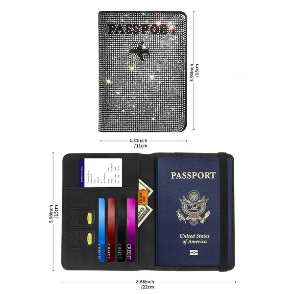 A black passport cover with diamond accents and various identification cards inside.