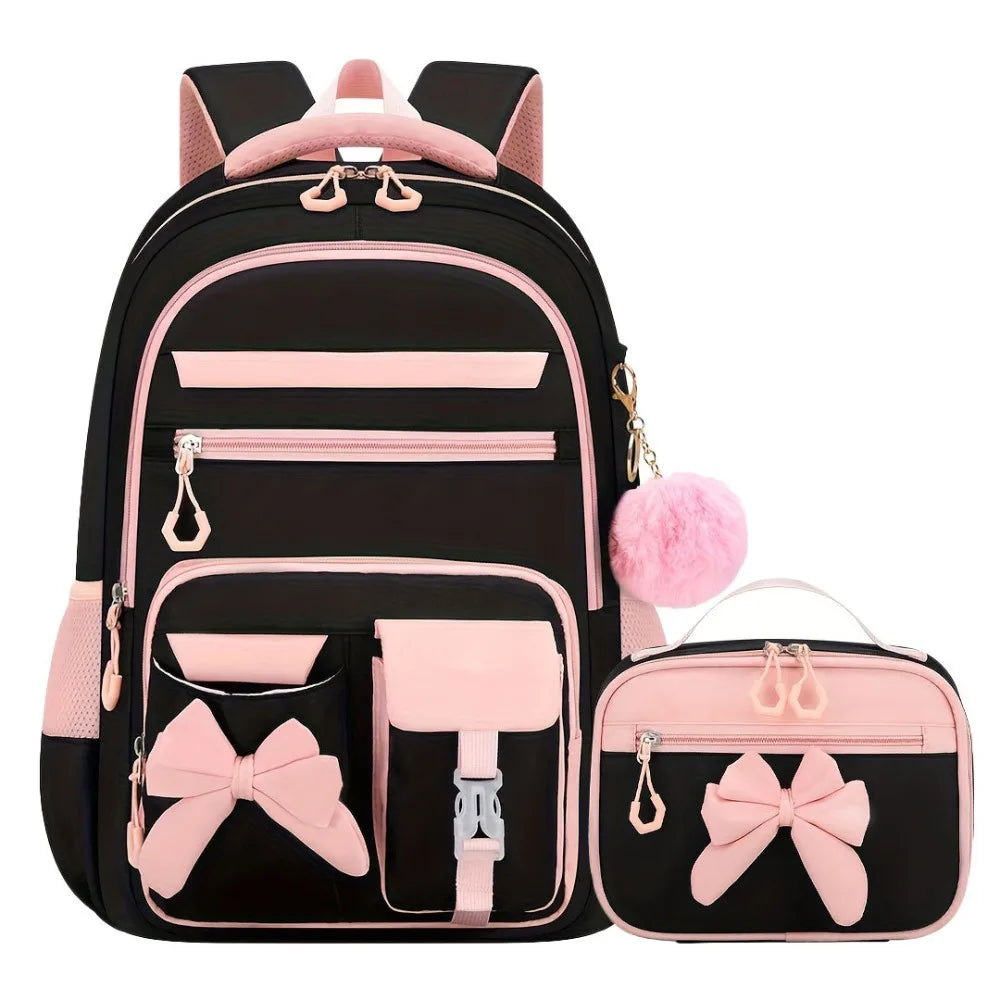 A pink and black 3-piece cartoon school bag set for girls featuring a backpack and a pouch.