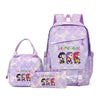 A purple multi-compartment casual backpack featuring colorful character designs on the front.