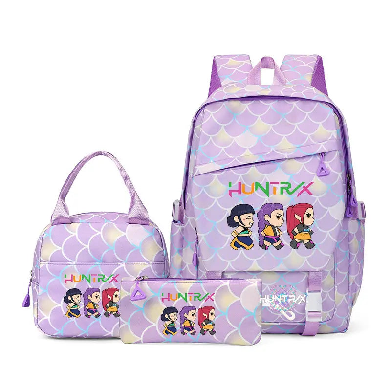 A purple multi-compartment casual backpack featuring colorful character designs on the front.