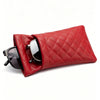 A red quilted PU leather glasses case with a protective storage bag shown open.