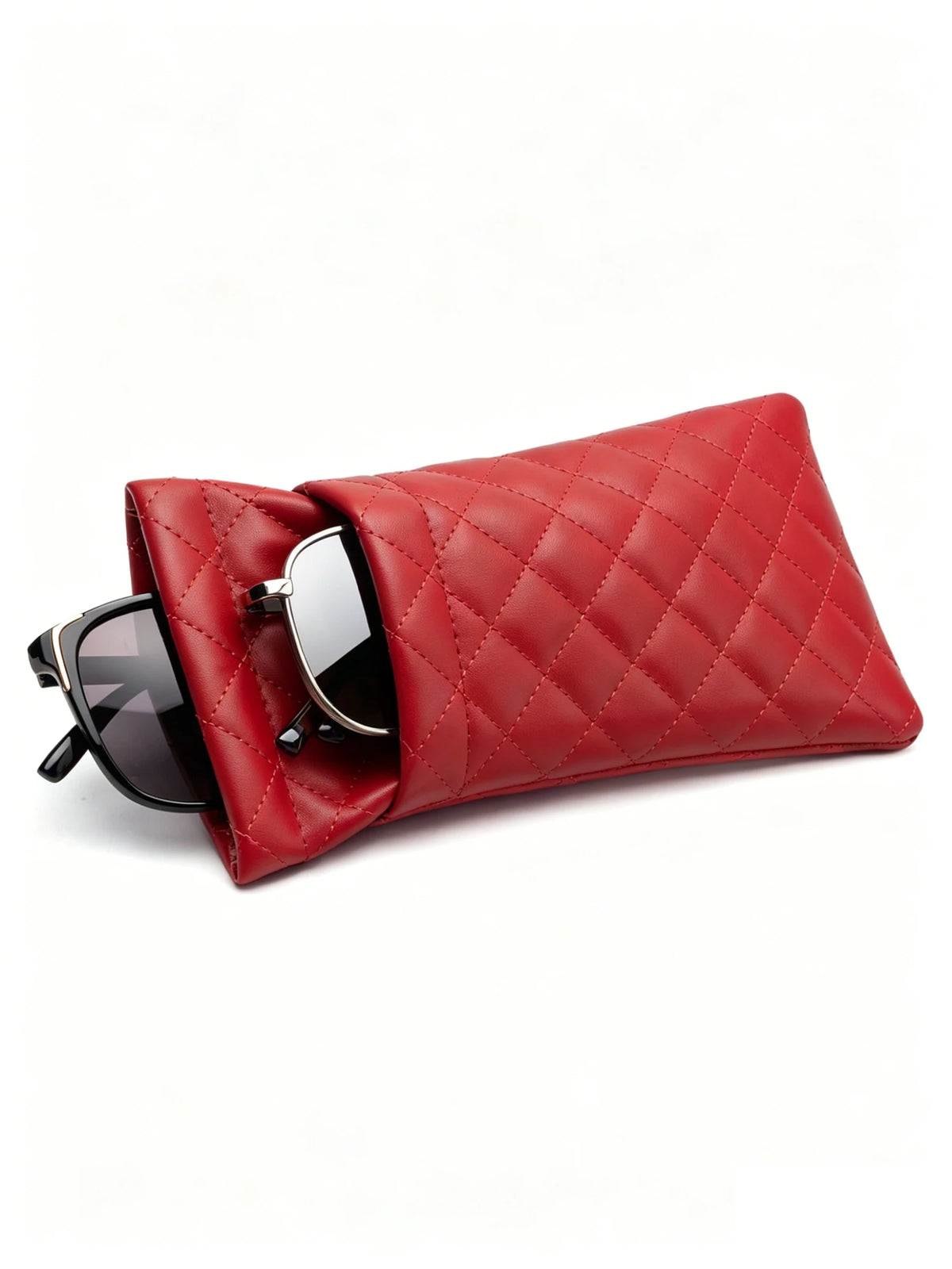 A red quilted PU leather glasses case with a protective storage bag shown open.