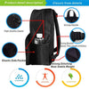 Black backpack featuring a high quality zipper, elastic side pocket, and strong stitching, designed for durability.
