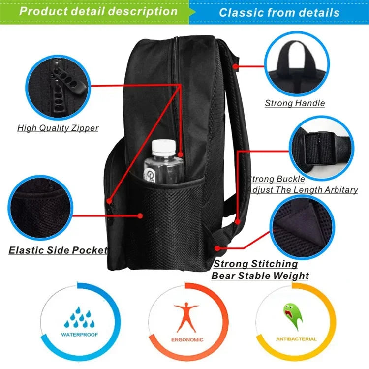 Black backpack featuring a high quality zipper, elastic side pocket, and strong stitching, designed for durability.