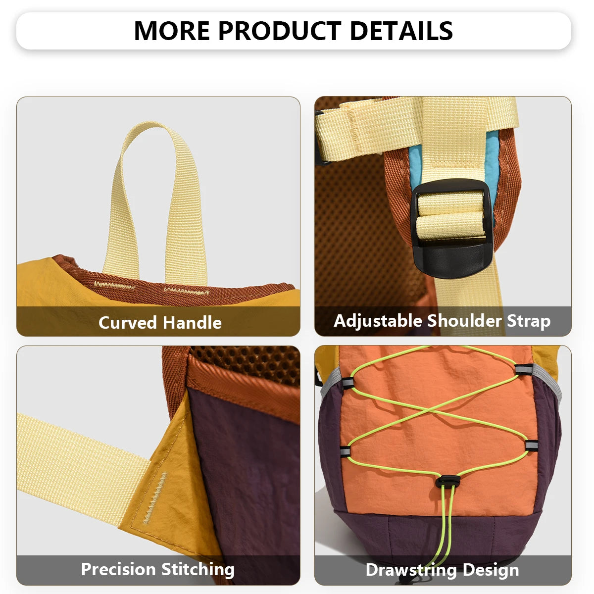 Details of a lightweight travel hiking backpack showing a curved handle, adjustable shoulder strap, precision stitching, and 
