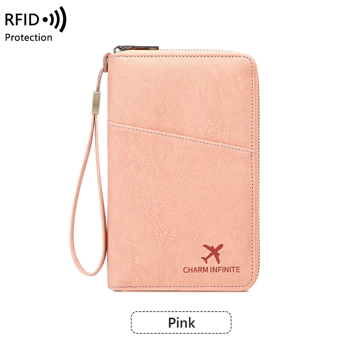 A pink multi-functional RFID blocking passport and document holder with a lanyard.