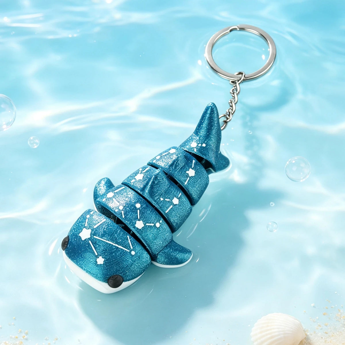 A blue 3D printed devil ray figurine with silver clasp floating in clear water.
