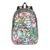 A colorful, patterned sport backpack featuring cute animal and character designs.