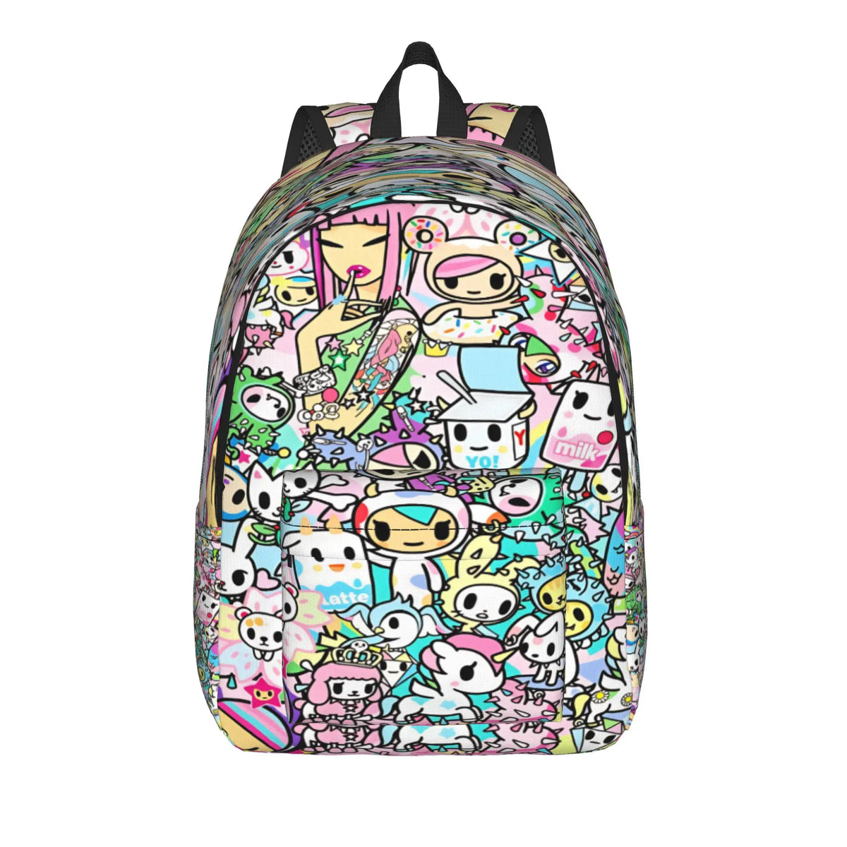 A colorful, patterned sport backpack featuring cute animal and character designs.