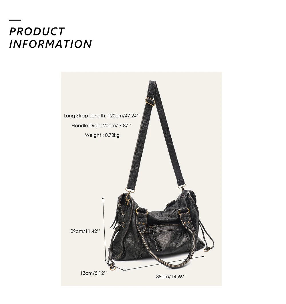 Schwarze Vintage-PU-Leder-Tasche mit Maßen und Riemendetails.
