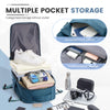 A teal backpack showing multiple pocket storage options including a front pocket and multifunctional storage compartments.