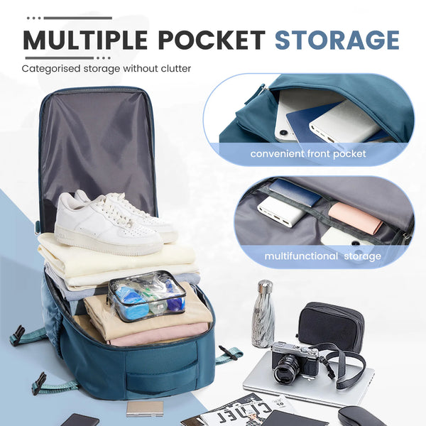 A teal backpack showing multiple pocket storage options including a front pocket and multifunctional storage compartments.