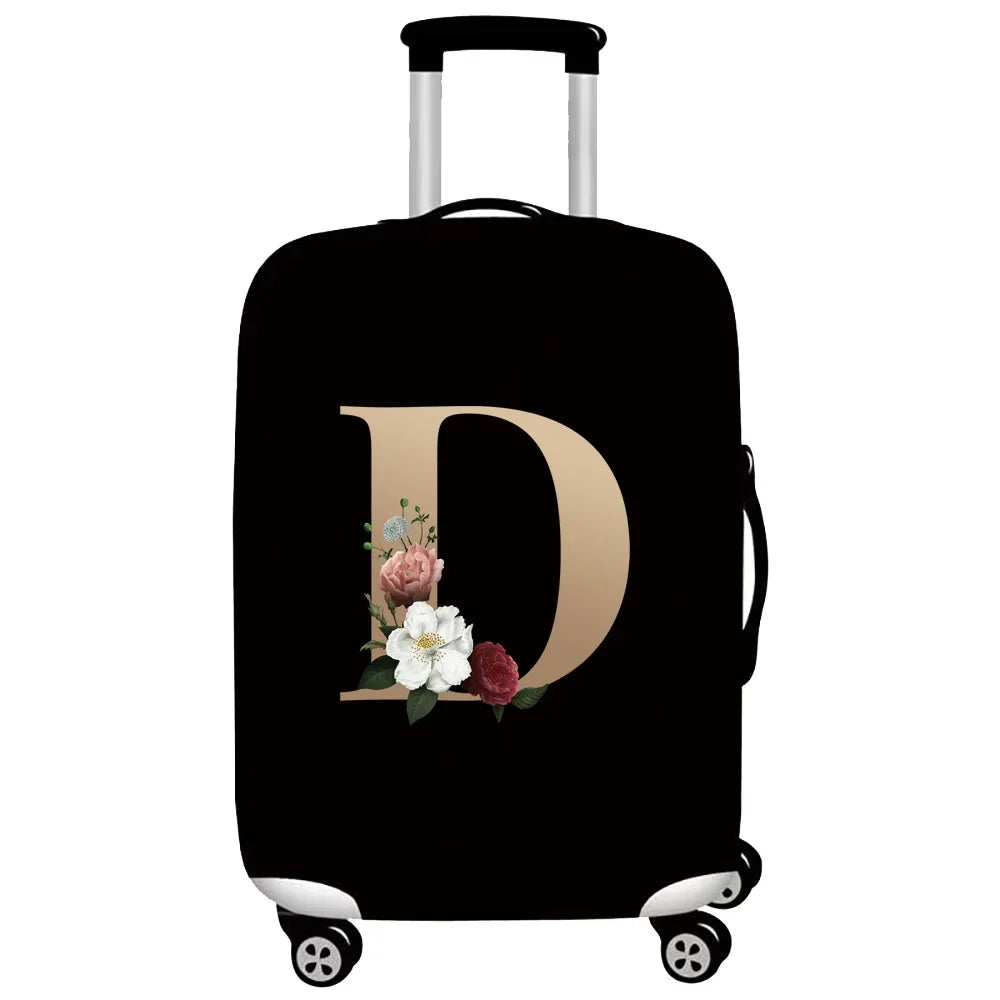 Black premium stretch luggage protective cover with a large gold letter D design