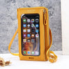 Gelige durchsichtige Multifunktions-Crossbody-Handytasche mit klarem Fenster, das einen Smartphone-Bildschirm zeigt.