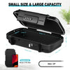 Black portable travel lock box with a combination security feature shown open and closed.