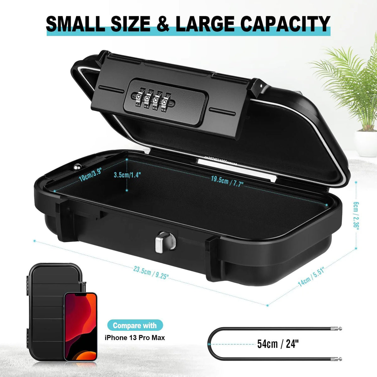 Black portable travel lock box with a combination security feature shown open and closed.