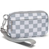 A light gray checkered multi-card wallet with a clear ID window and a strap.