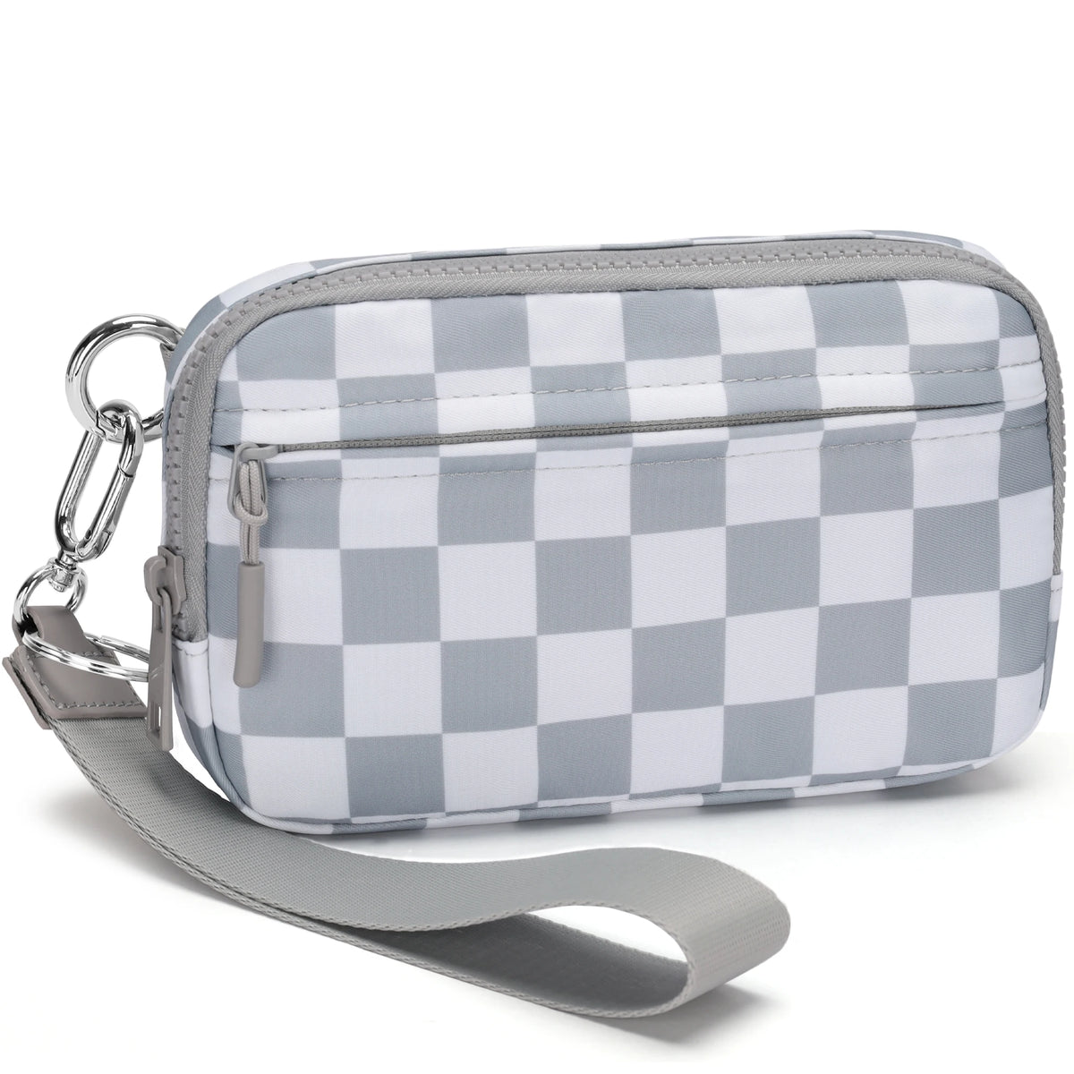A light gray checkered multi-card wallet with a clear ID window and a strap.