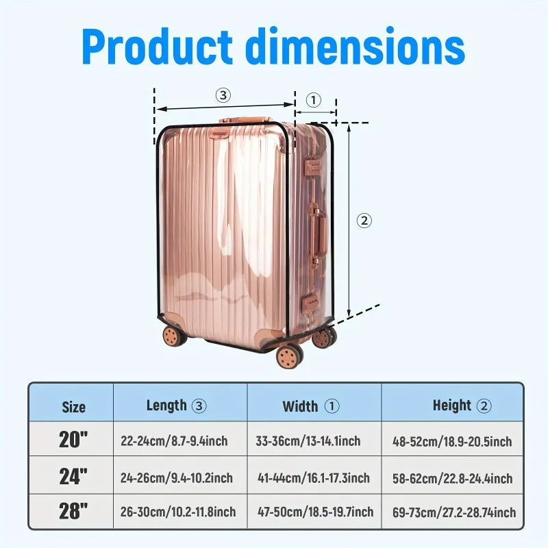 Diagram showing the dimensions of a pink transparent PVC luggage case in various sizes: 20, 24, and 28 inches.