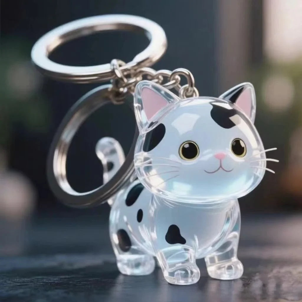 A clear plastic cat figurine with black markings is attached to a silver keyring.